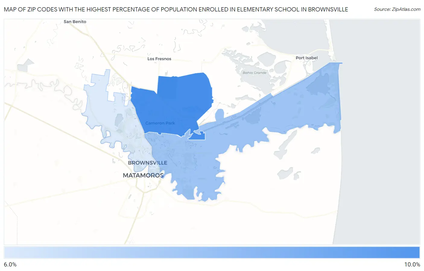 Zip Codes with the Highest Percentage of Population Enrolled in Elementary School in Brownsville Map