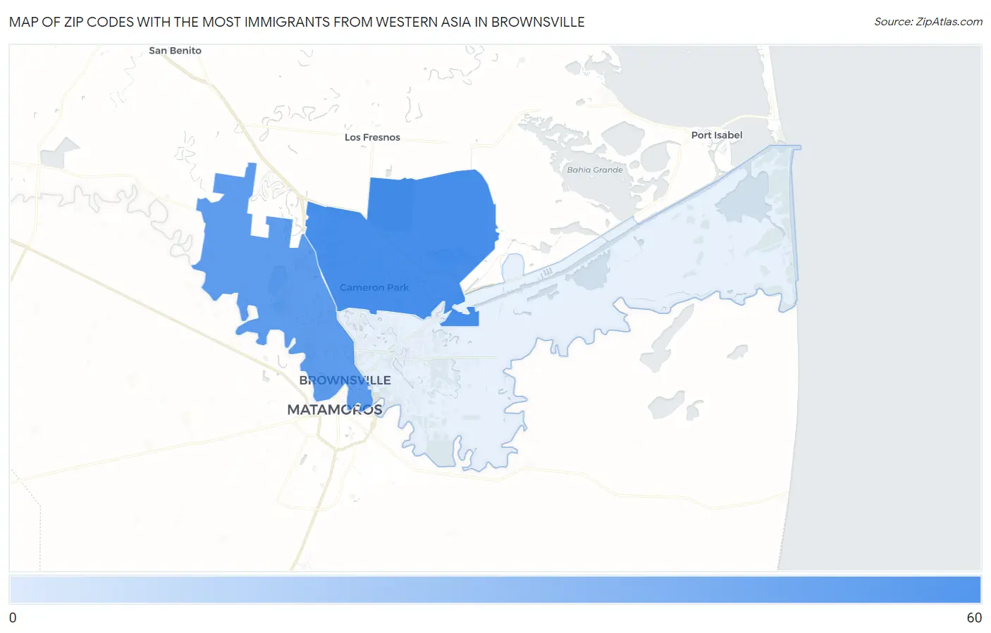 Zip Codes with the Most Immigrants from Western Asia in Brownsville Map