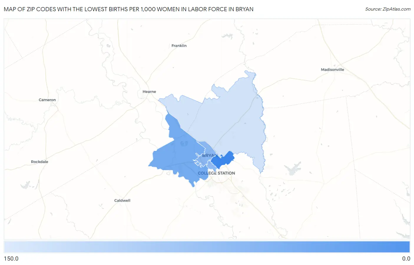 Zip Codes with the Lowest Births per 1,000 Women in Labor Force in Bryan Map