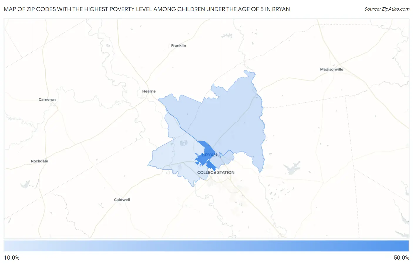 Zip Codes with the Highest Poverty Level Among Children Under the Age of 5 in Bryan Map