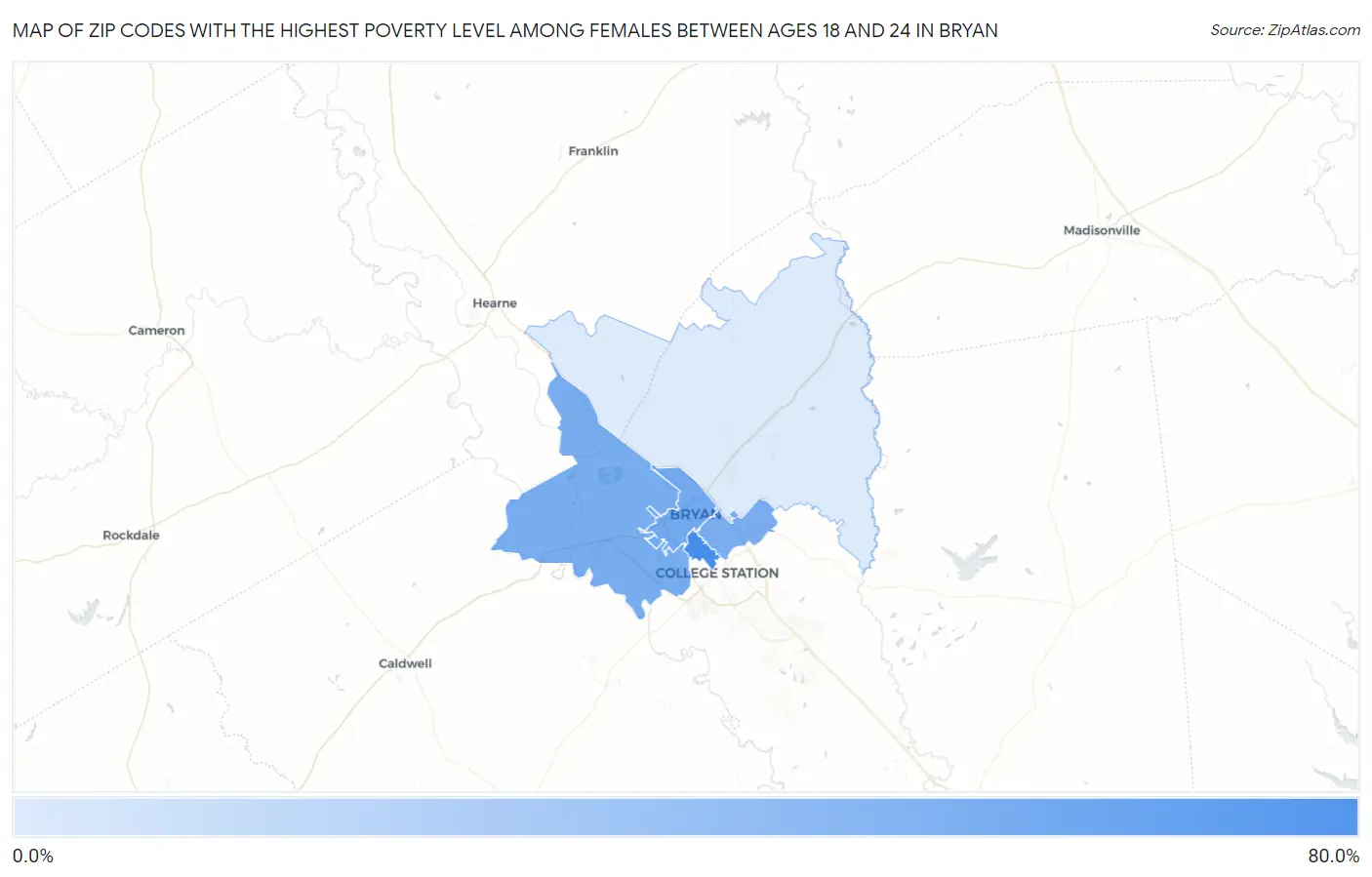 Zip Codes with the Highest Poverty Level Among Females Between Ages 18 and 24 in Bryan Map