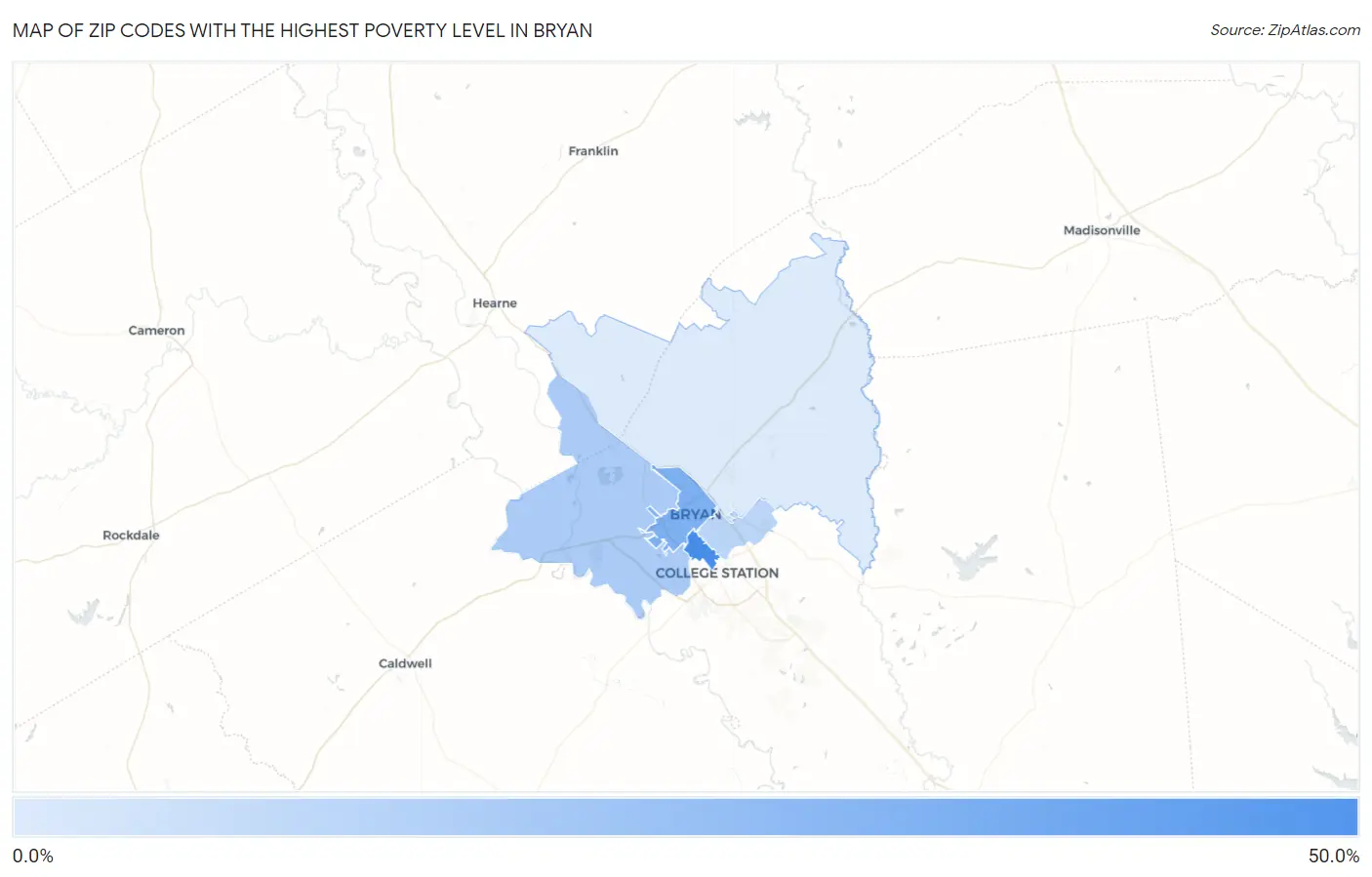 Zip Codes with the Highest Poverty Level in Bryan Map