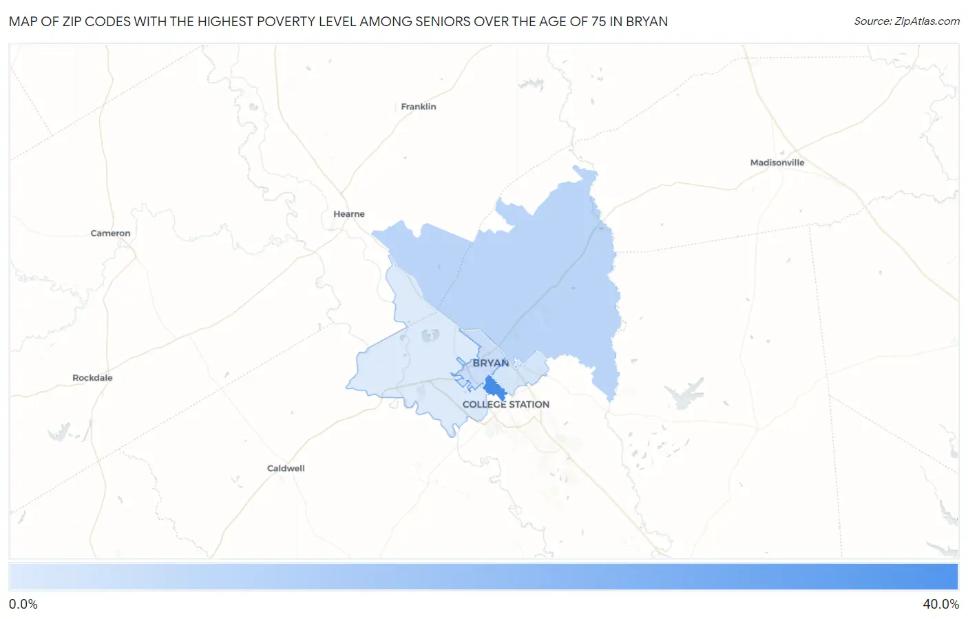 Zip Codes with the Highest Poverty Level Among Seniors Over the Age of 75 in Bryan Map