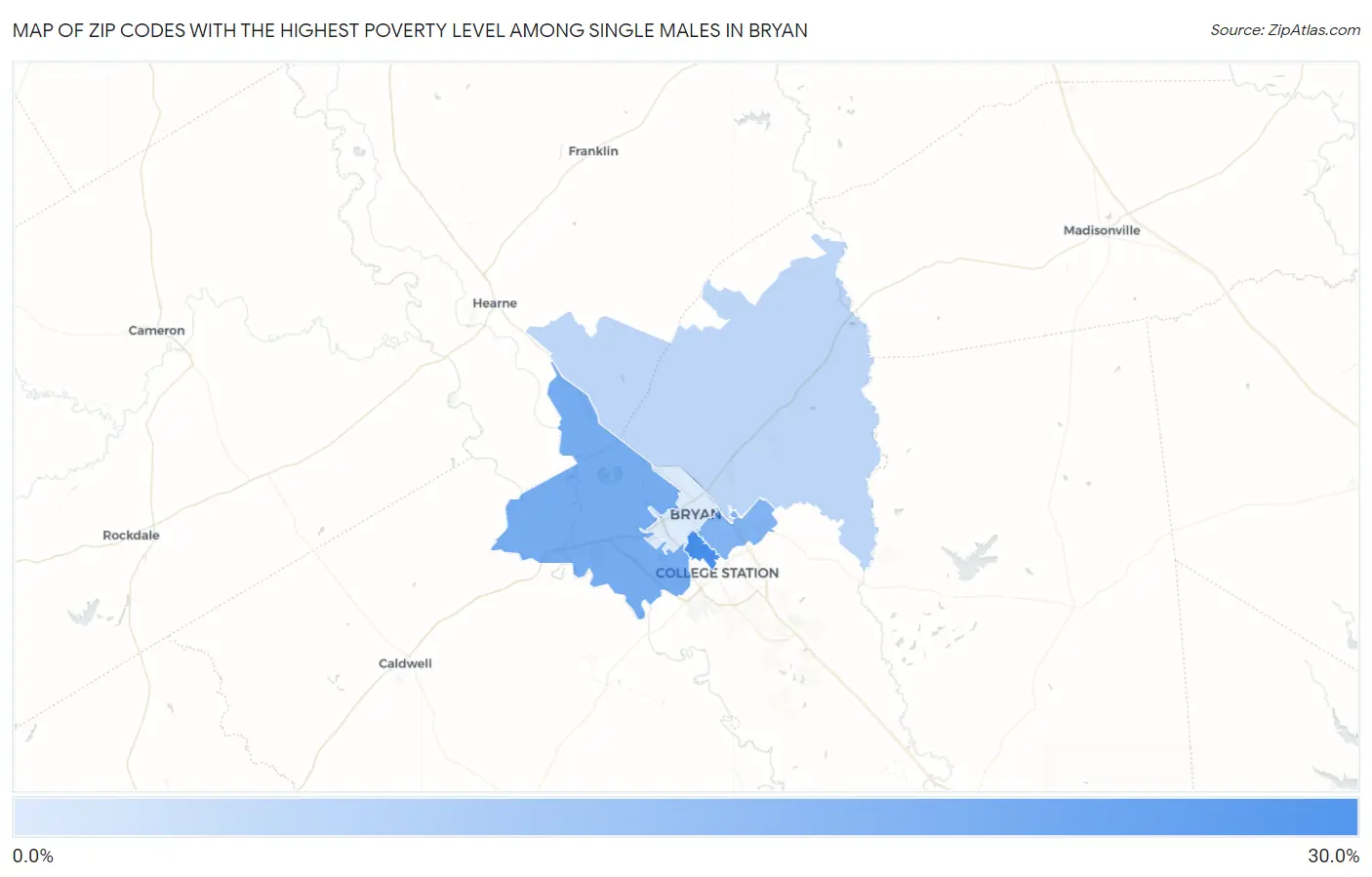 Zip Codes with the Highest Poverty Level Among Single Males in Bryan Map