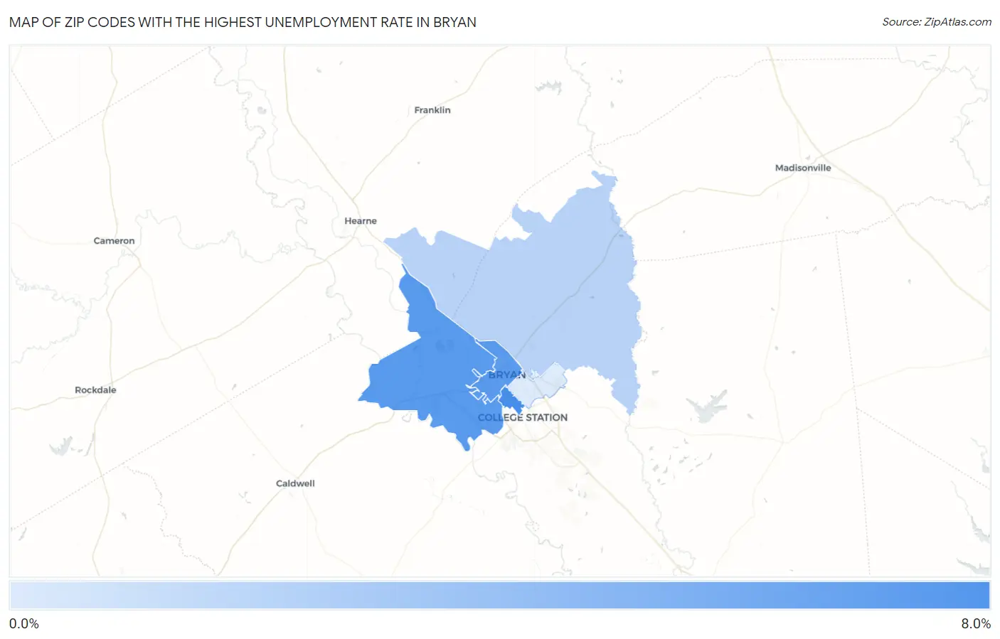 Zip Codes with the Highest Unemployment Rate in Bryan Map