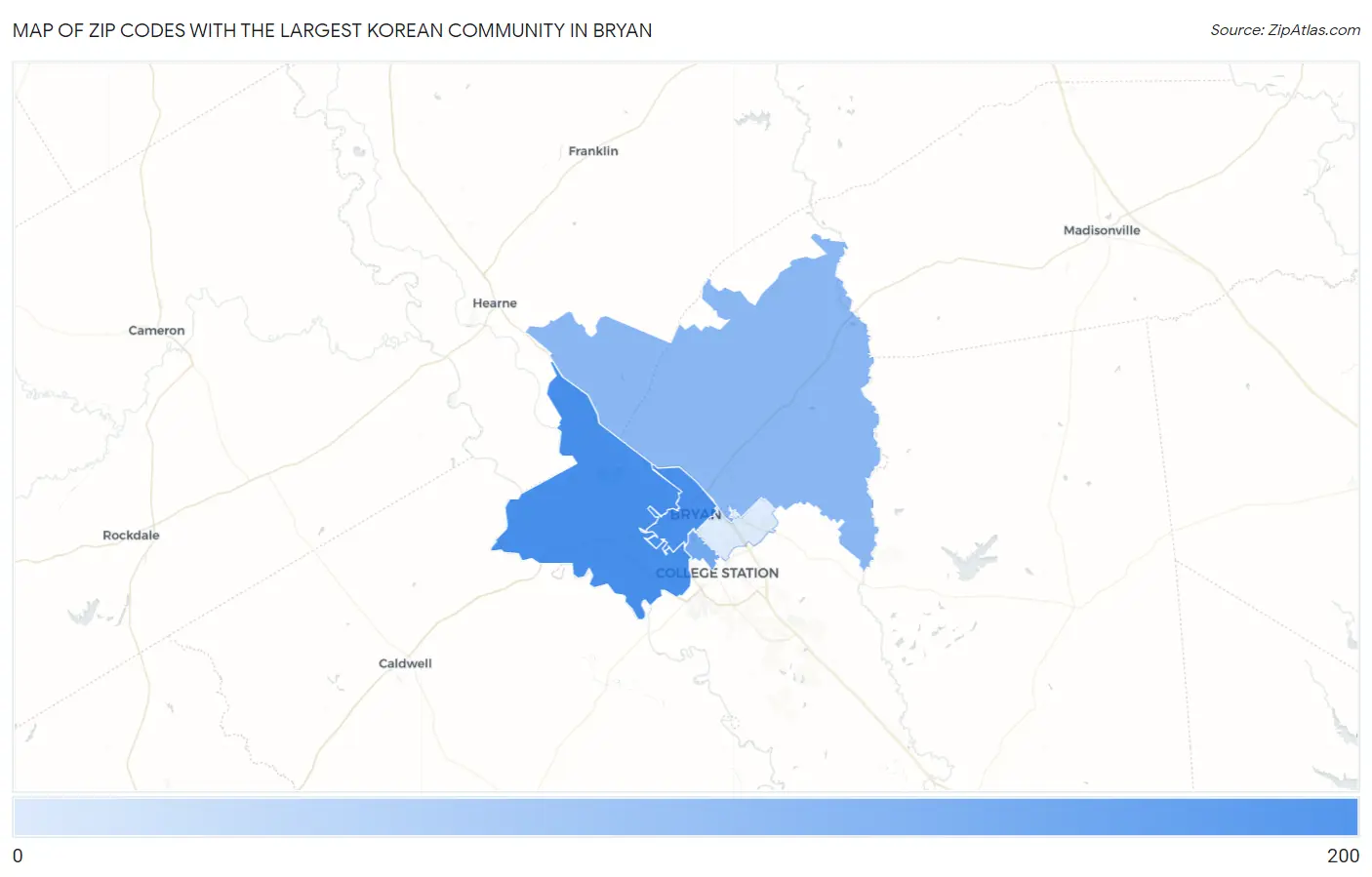 Zip Codes with the Largest Korean Community in Bryan Map