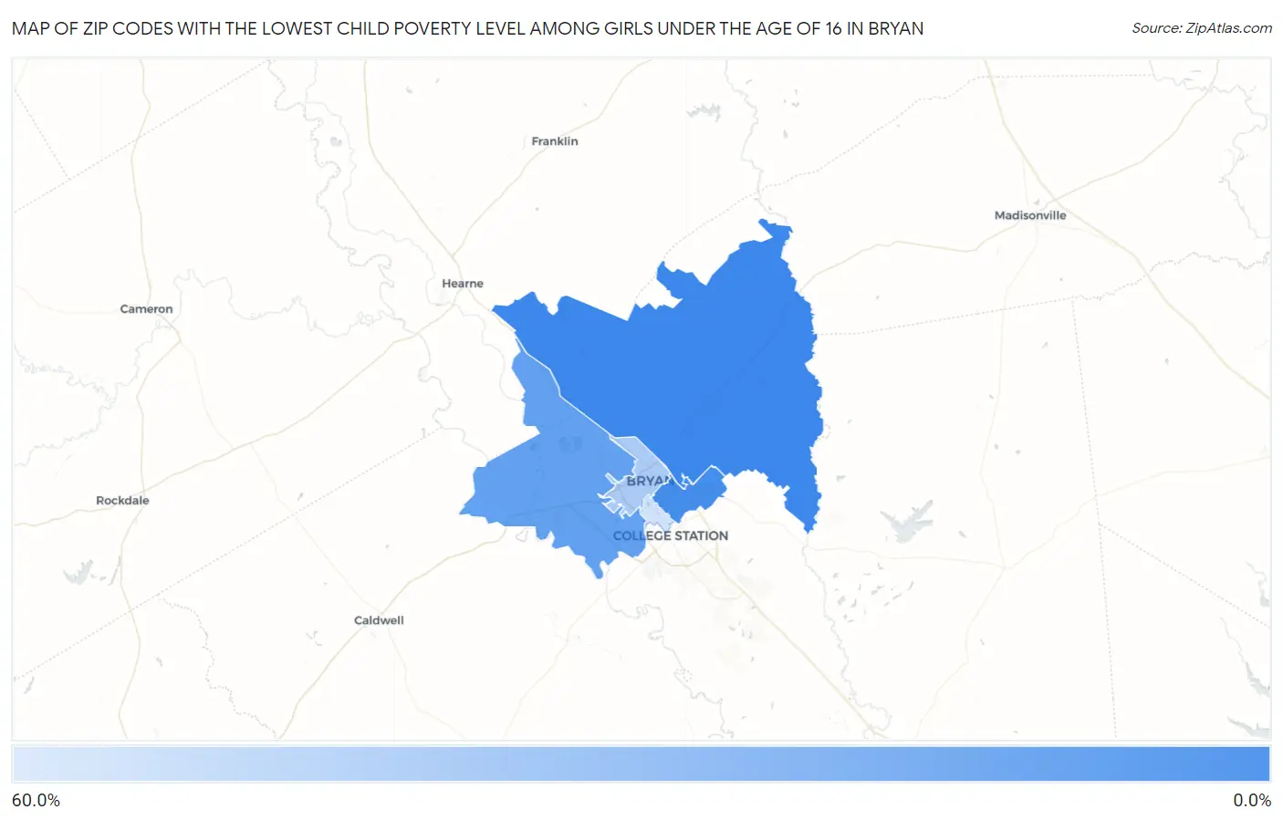 Zip Codes with the Lowest Child Poverty Level Among Girls Under the Age of 16 in Bryan Map
