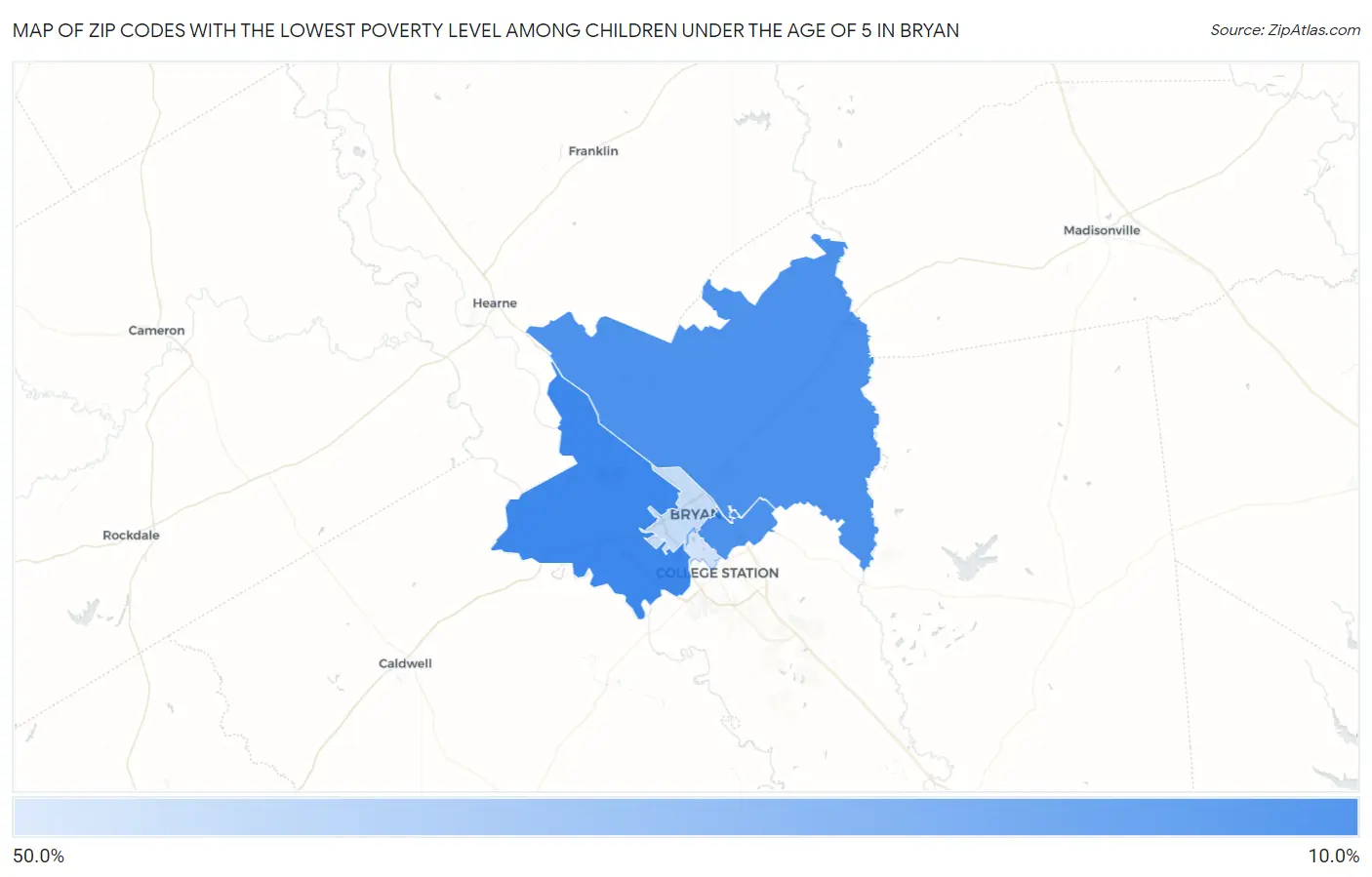 Zip Codes with the Lowest Poverty Level Among Children Under the Age of 5 in Bryan Map