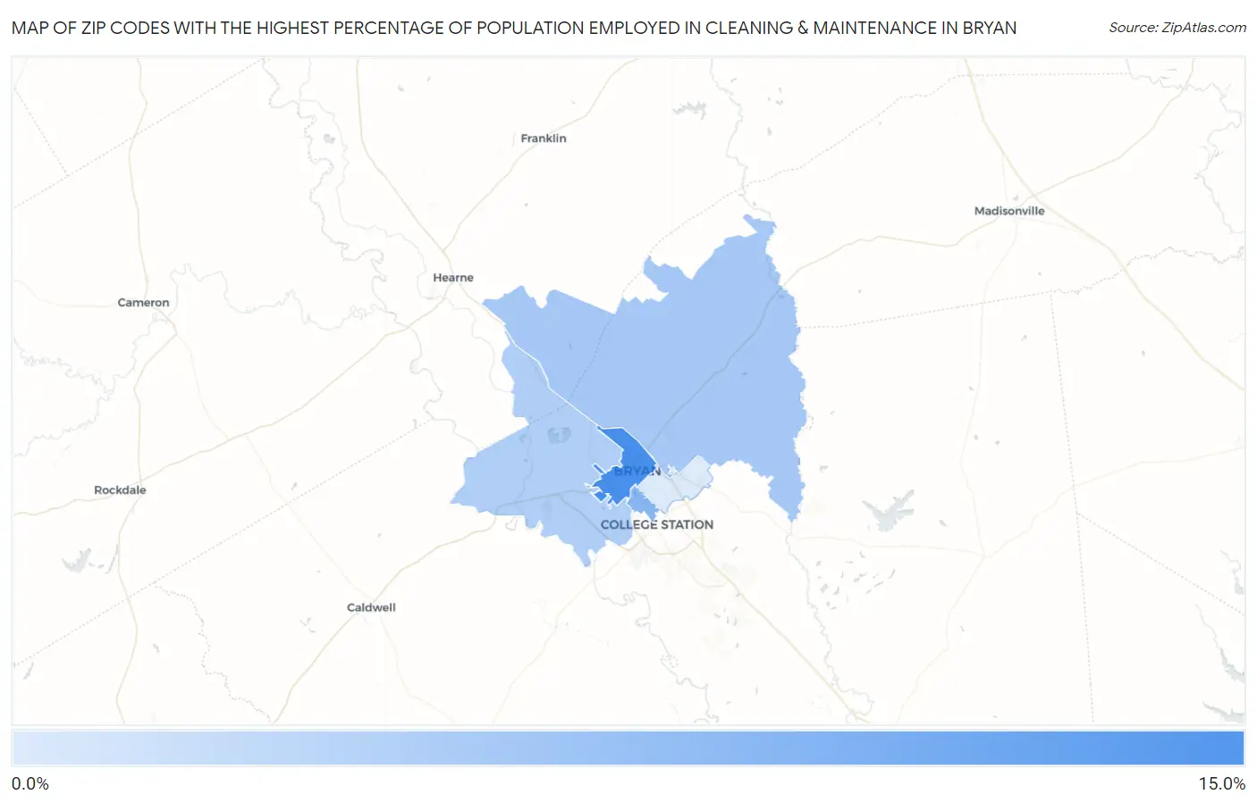 Zip Codes with the Highest Percentage of Population Employed in Cleaning & Maintenance in Bryan Map