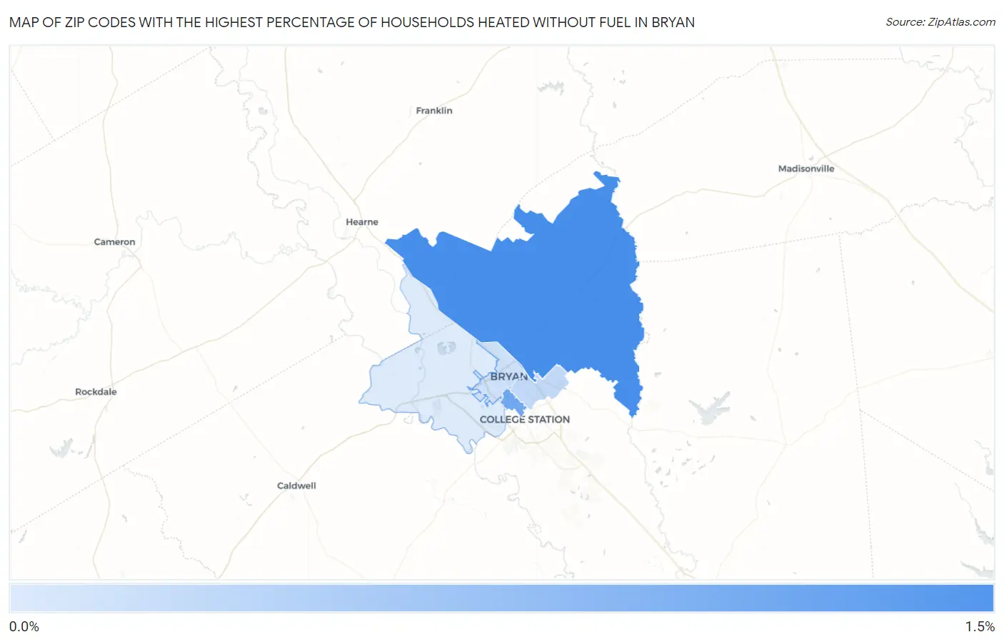 Zip Codes with the Highest Percentage of Households Heated without Fuel in Bryan Map