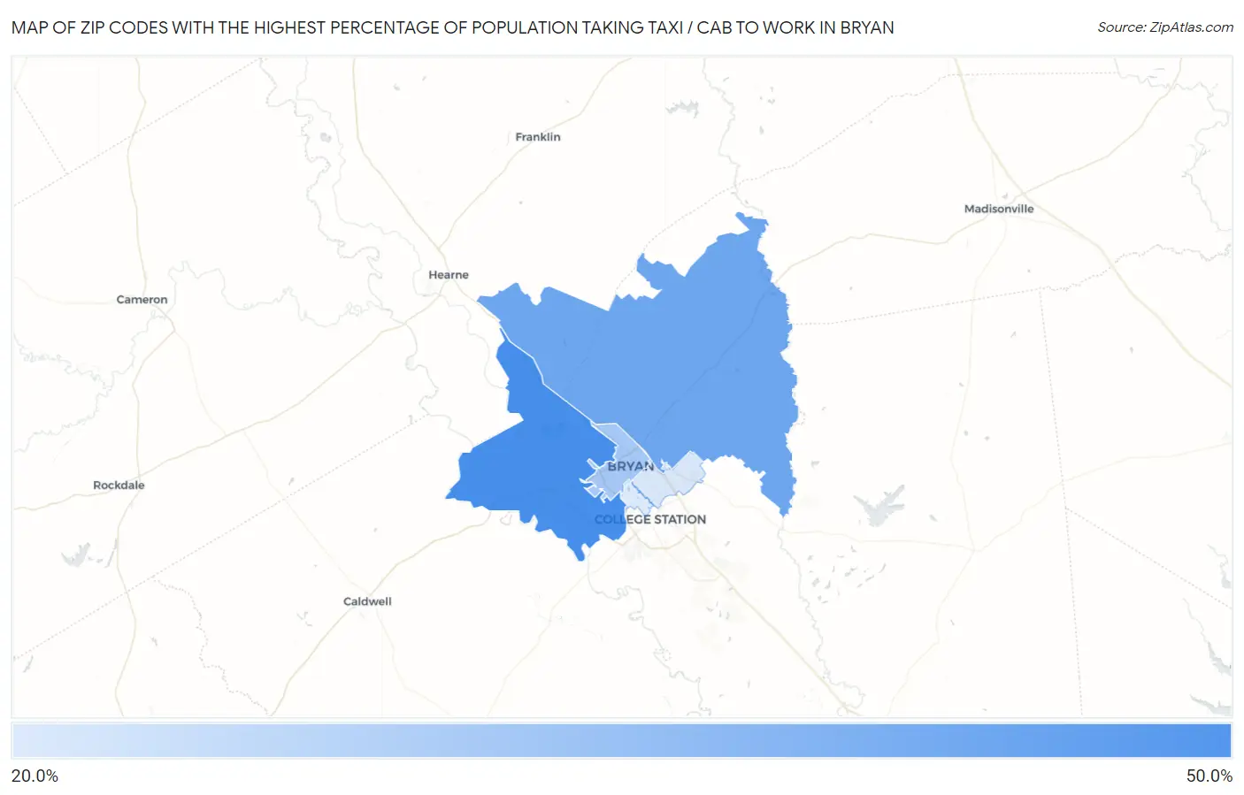Zip Codes with the Highest Percentage of Population Taking Taxi / Cab to Work in Bryan Map