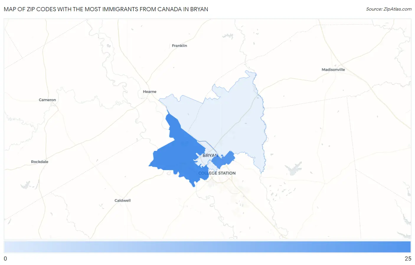 Zip Codes with the Most Immigrants from Canada in Bryan Map