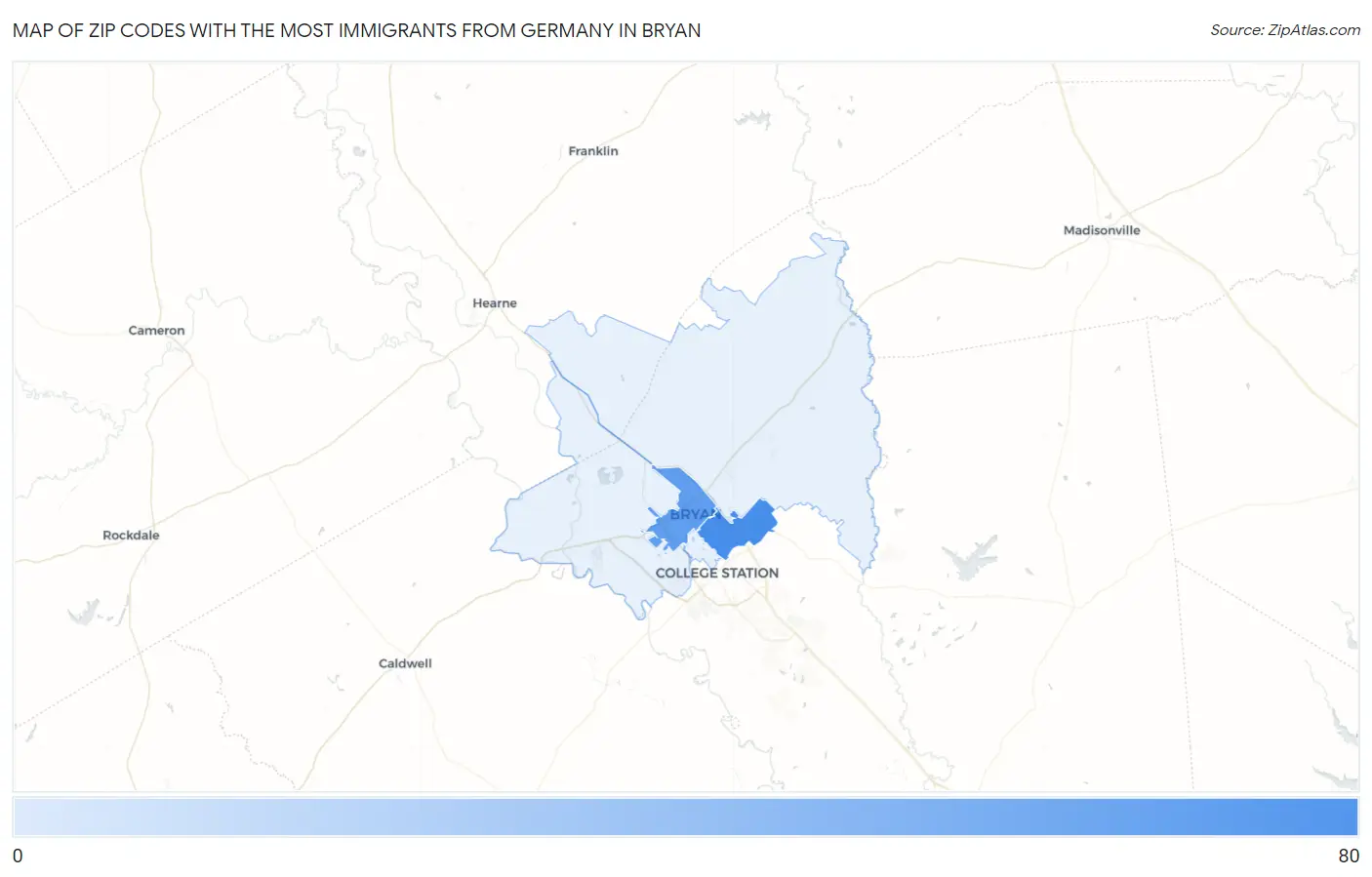 Zip Codes with the Most Immigrants from Germany in Bryan Map