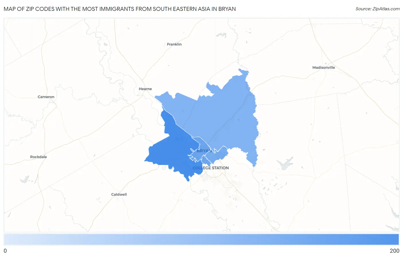Zip Codes with the Most Immigrants from South Eastern Asia in Bryan Map