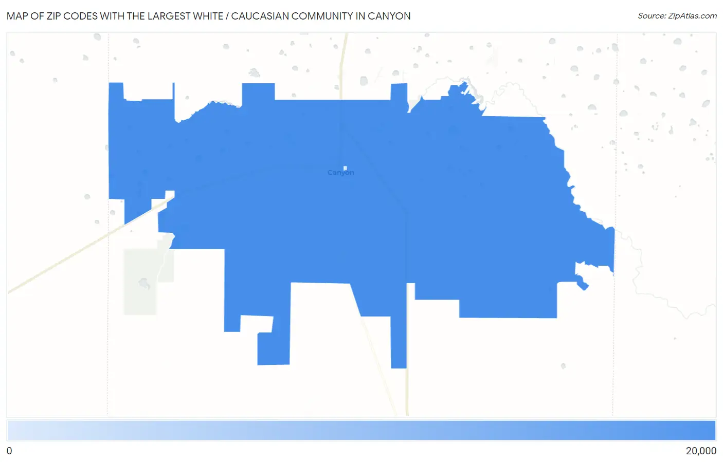 Zip Codes with the Largest White / Caucasian Community in Canyon Map