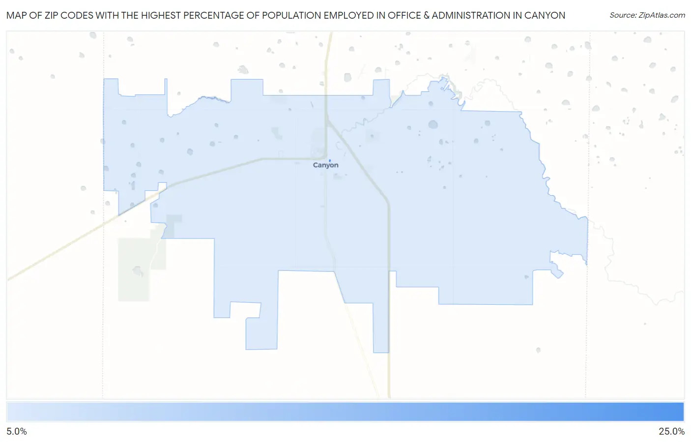 Zip Codes with the Highest Percentage of Population Employed in Office & Administration in Canyon Map
