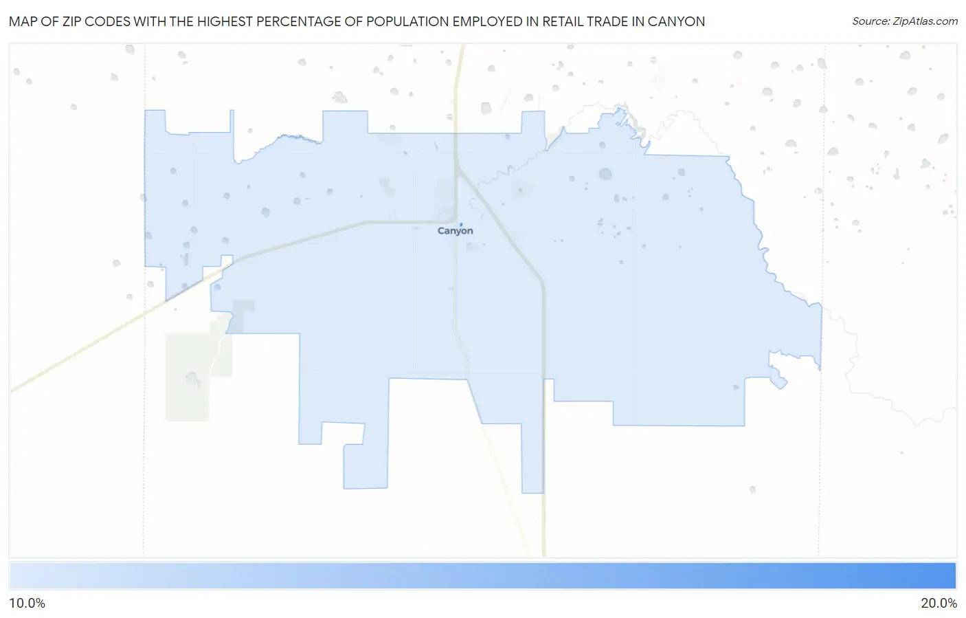 Zip Codes with the Highest Percentage of Population Employed in Retail Trade in Canyon Map
