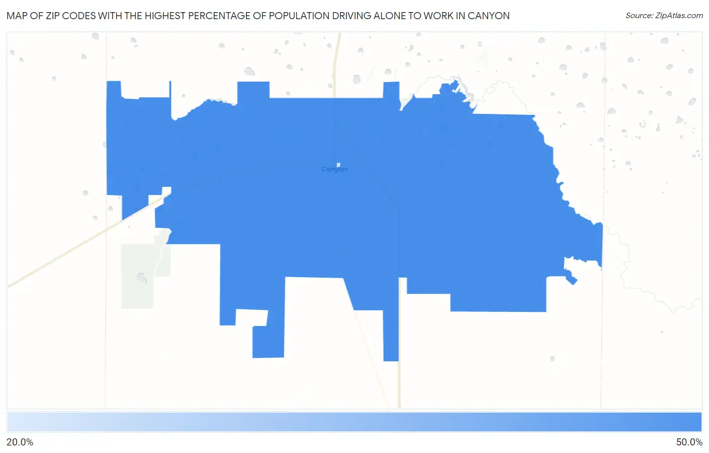 Zip Codes with the Highest Percentage of Population Driving Alone to Work in Canyon Map