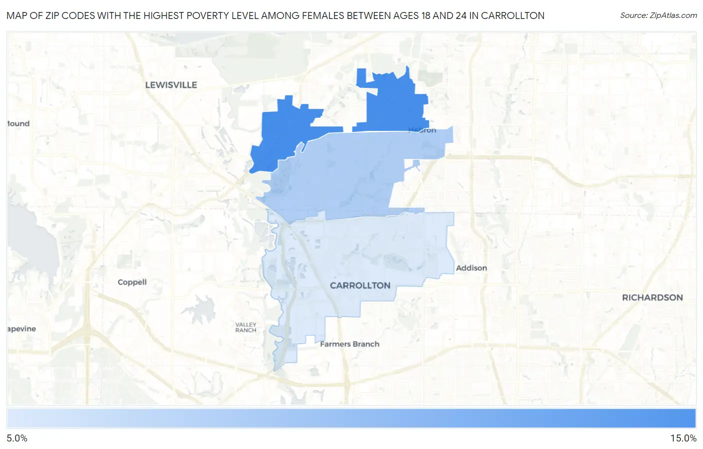Zip Codes with the Highest Poverty Level Among Females Between Ages 18 and 24 in Carrollton Map