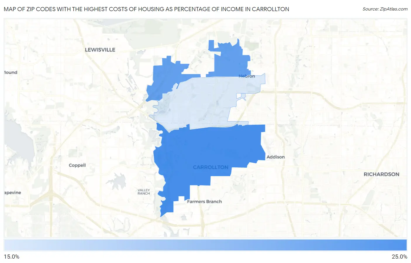 Zip Codes with the Highest Costs of Housing as Percentage of Income in Carrollton Map