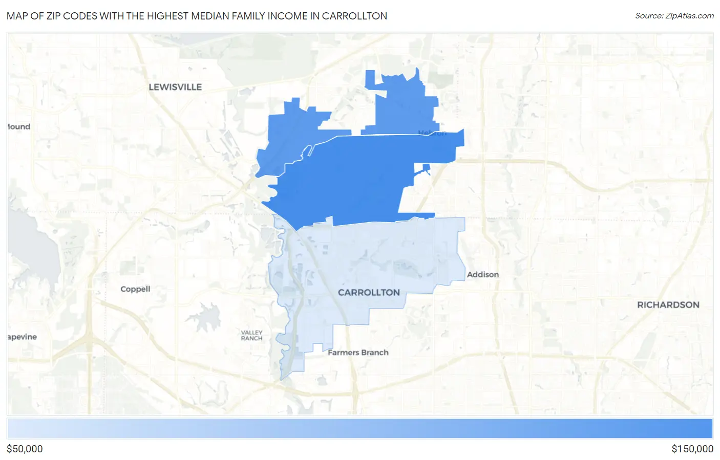 Zip Codes with the Highest Median Family Income in Carrollton Map