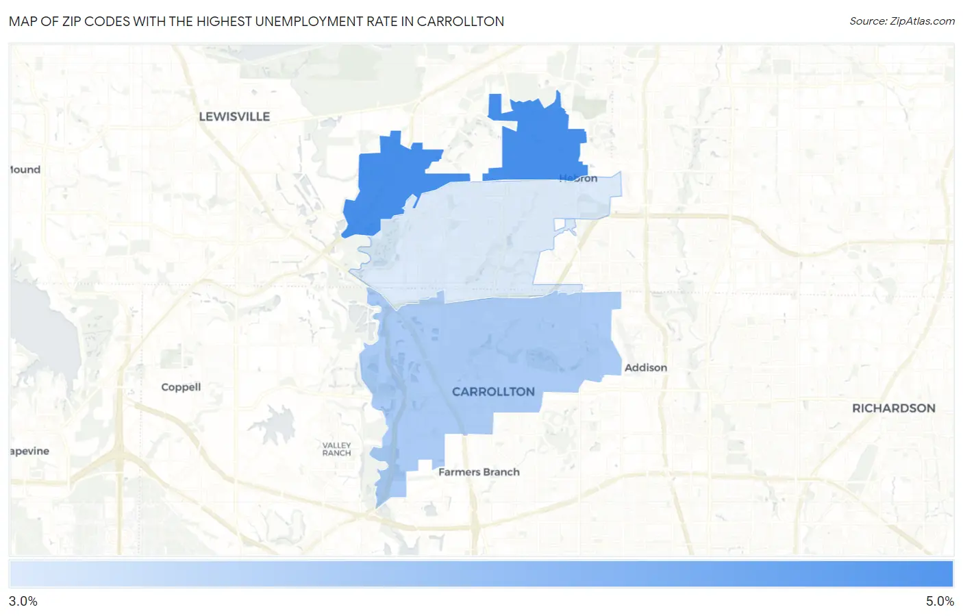 Zip Codes with the Highest Unemployment Rate in Carrollton Map
