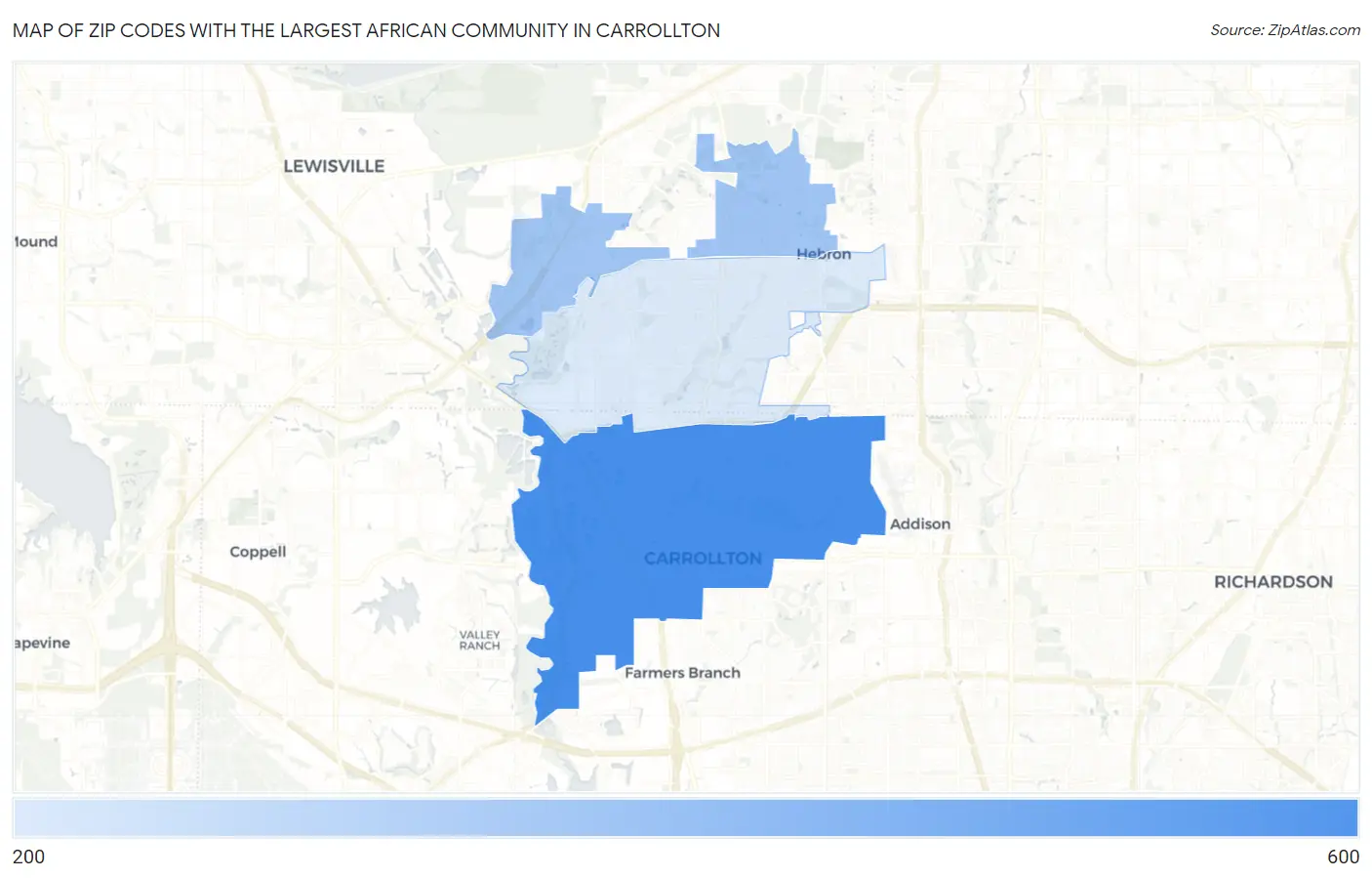 Zip Codes with the Largest African Community in Carrollton Map