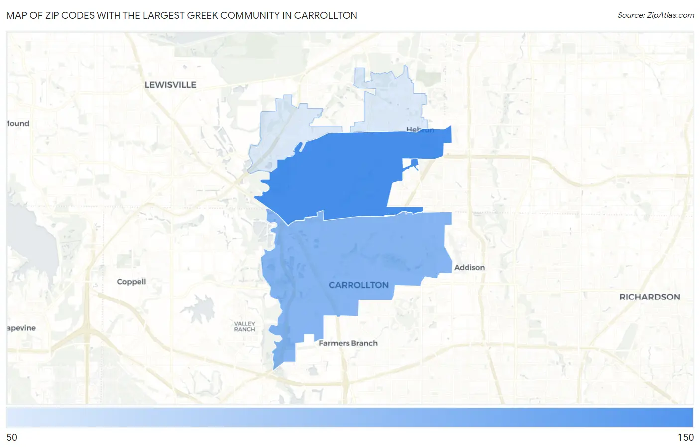 Zip Codes with the Largest Greek Community in Carrollton Map