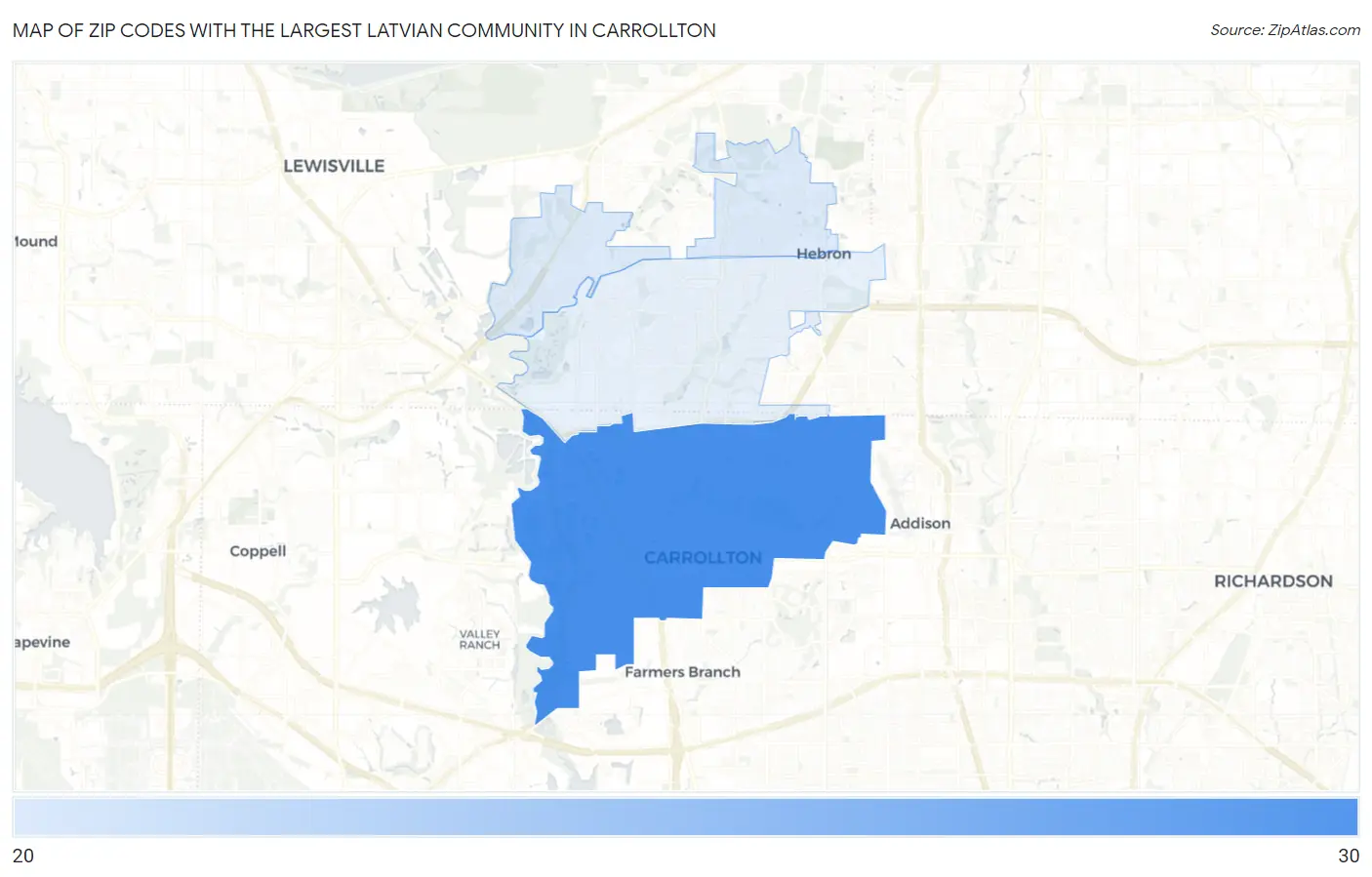 Zip Codes with the Largest Latvian Community in Carrollton Map