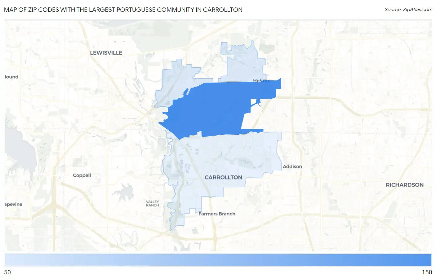 Zip Codes with the Largest Portuguese Community in Carrollton Map