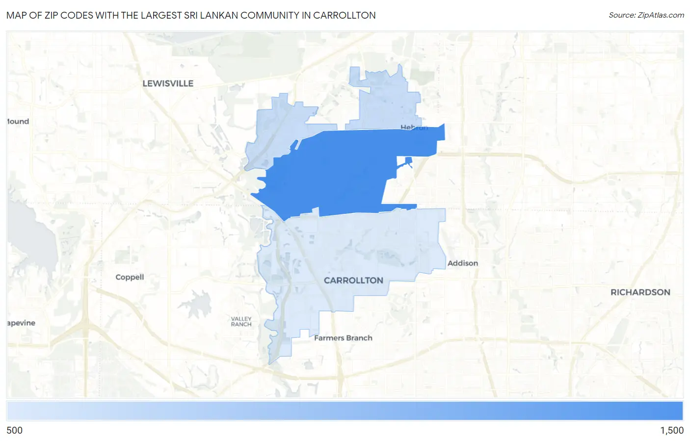Zip Codes with the Largest Sri Lankan Community in Carrollton Map