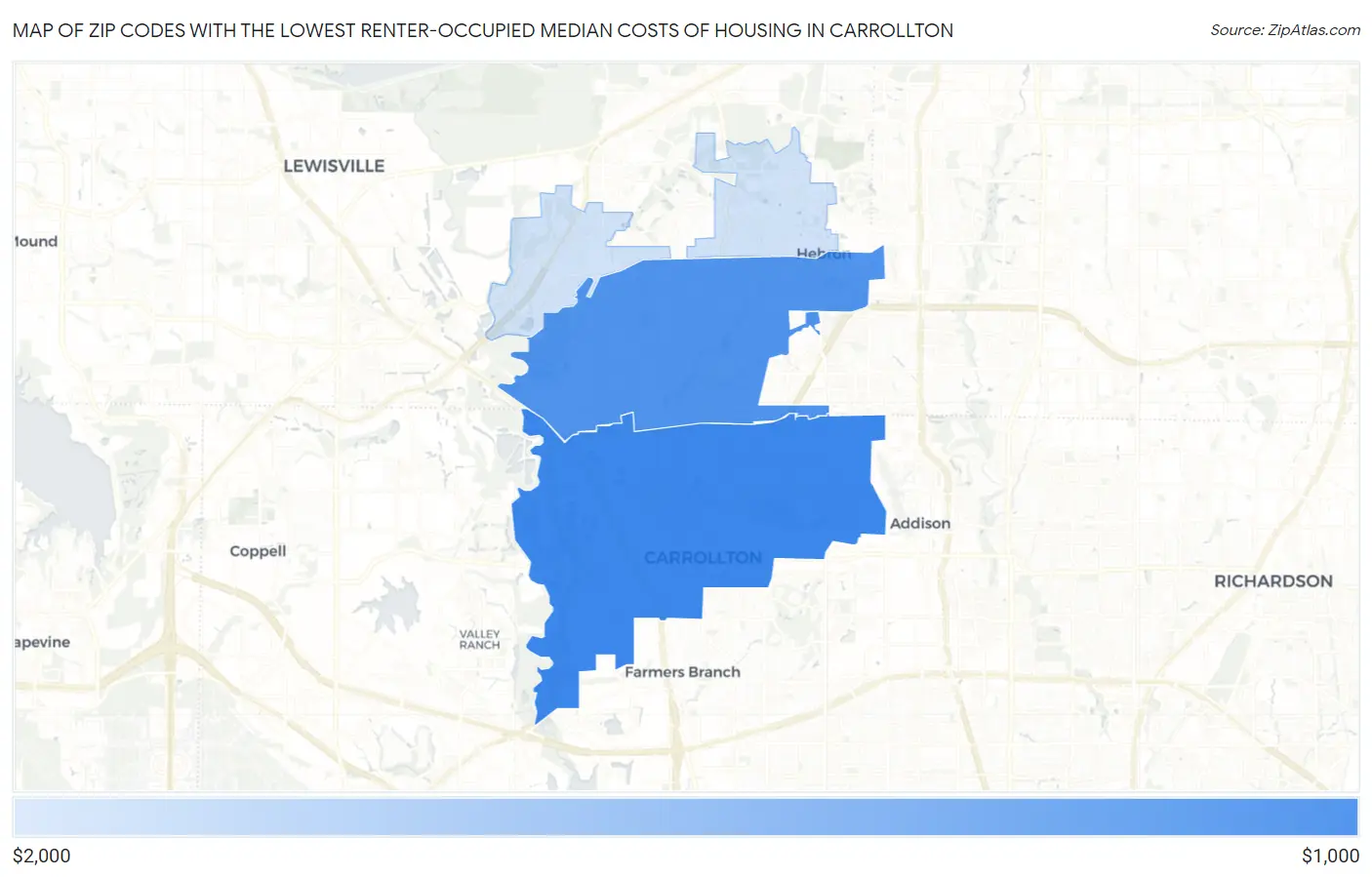 Zip Codes with the Lowest Renter-Occupied Median Costs of Housing in Carrollton Map