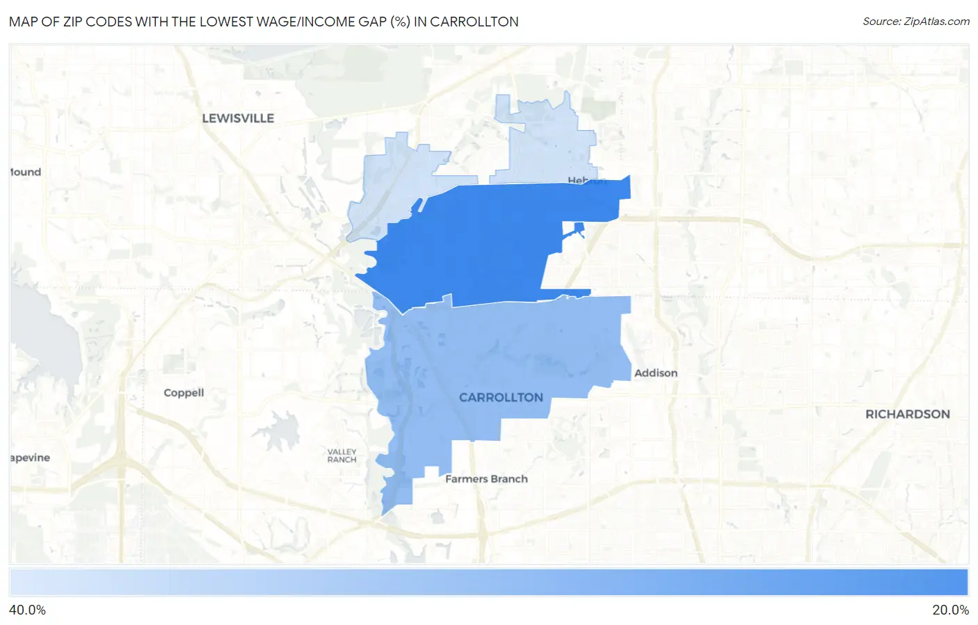 Zip Codes with the Lowest Wage/Income Gap (%) in Carrollton Map