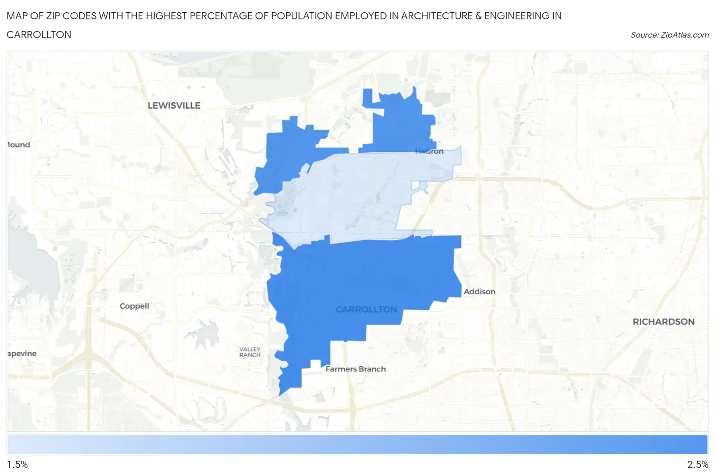 Zip Codes with the Highest Percentage of Population Employed in Architecture & Engineering in Carrollton Map