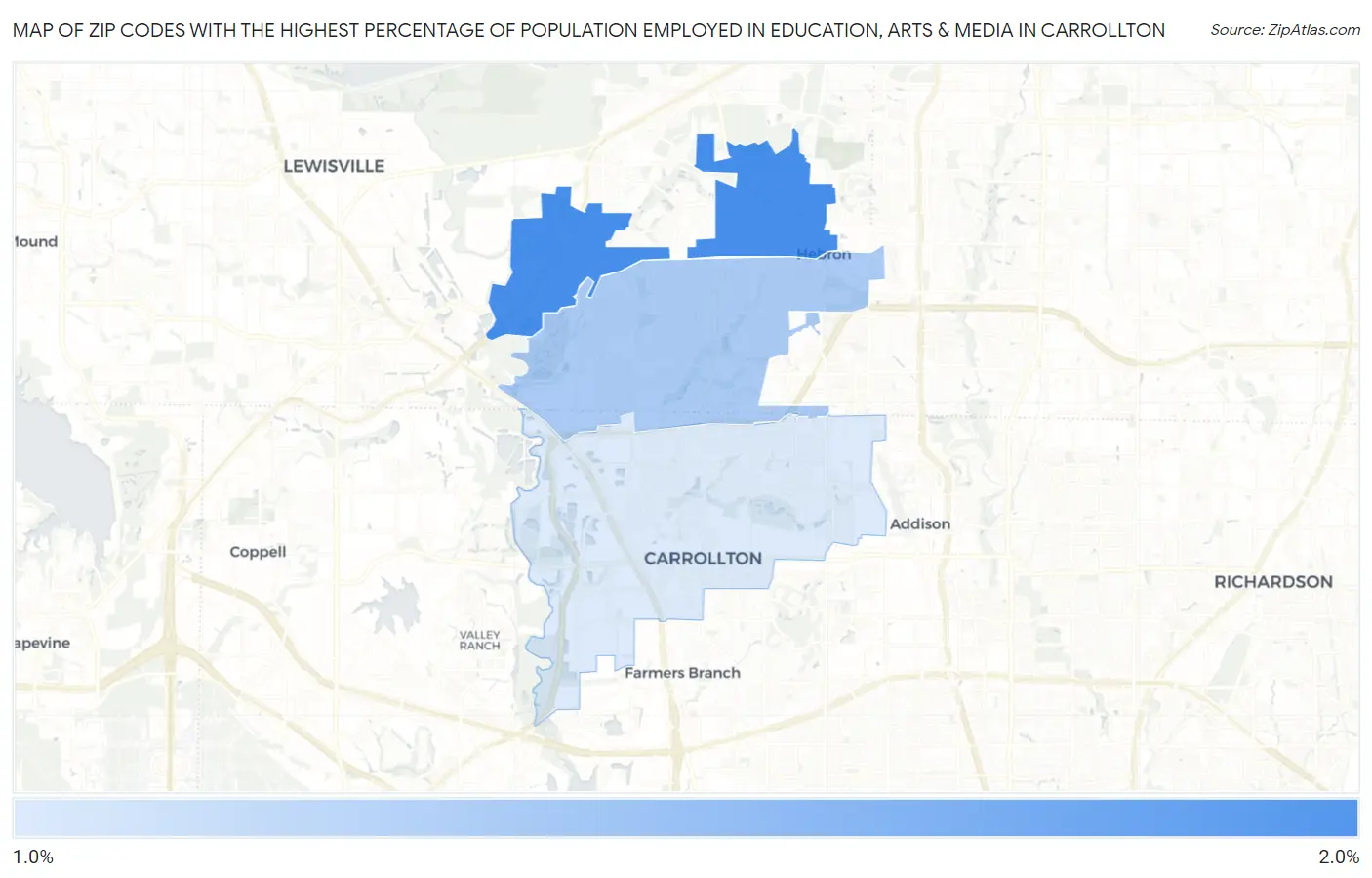 Zip Codes with the Highest Percentage of Population Employed in Education, Arts & Media in Carrollton Map