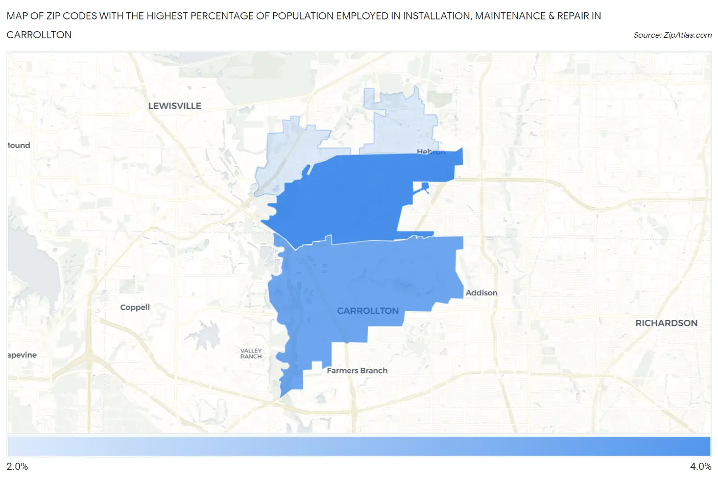 Zip Codes with the Highest Percentage of Population Employed in Installation, Maintenance & Repair in Carrollton Map