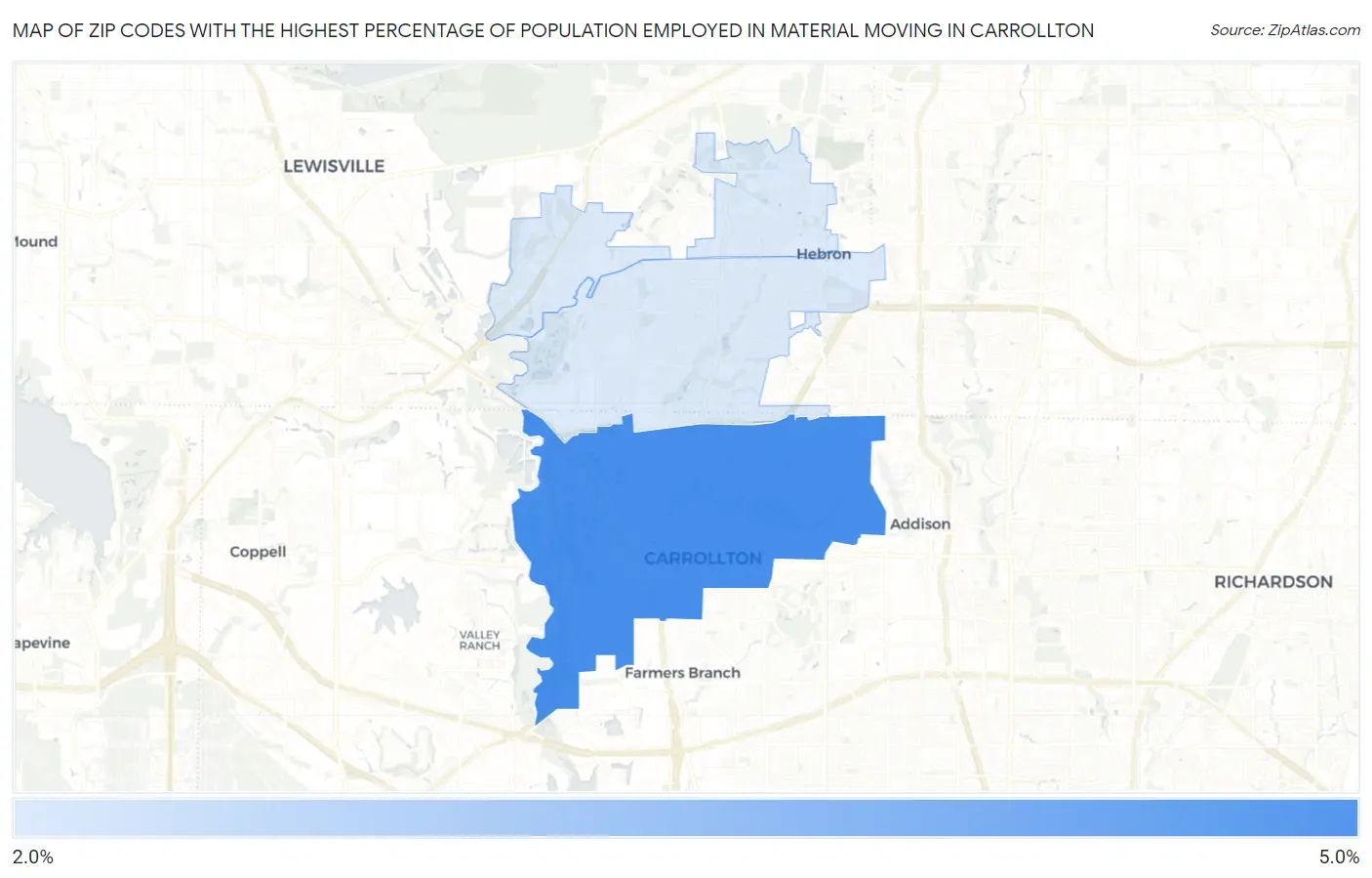 Zip Codes with the Highest Percentage of Population Employed in Material Moving in Carrollton Map