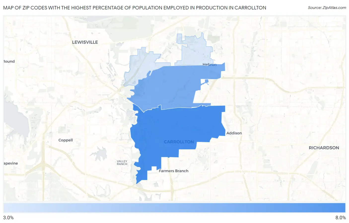 Zip Codes with the Highest Percentage of Population Employed in Production in Carrollton Map