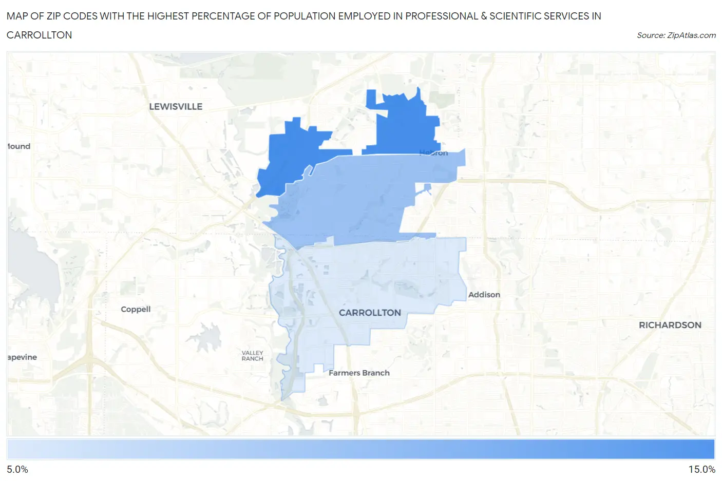 Zip Codes with the Highest Percentage of Population Employed in Professional & Scientific Services in Carrollton Map