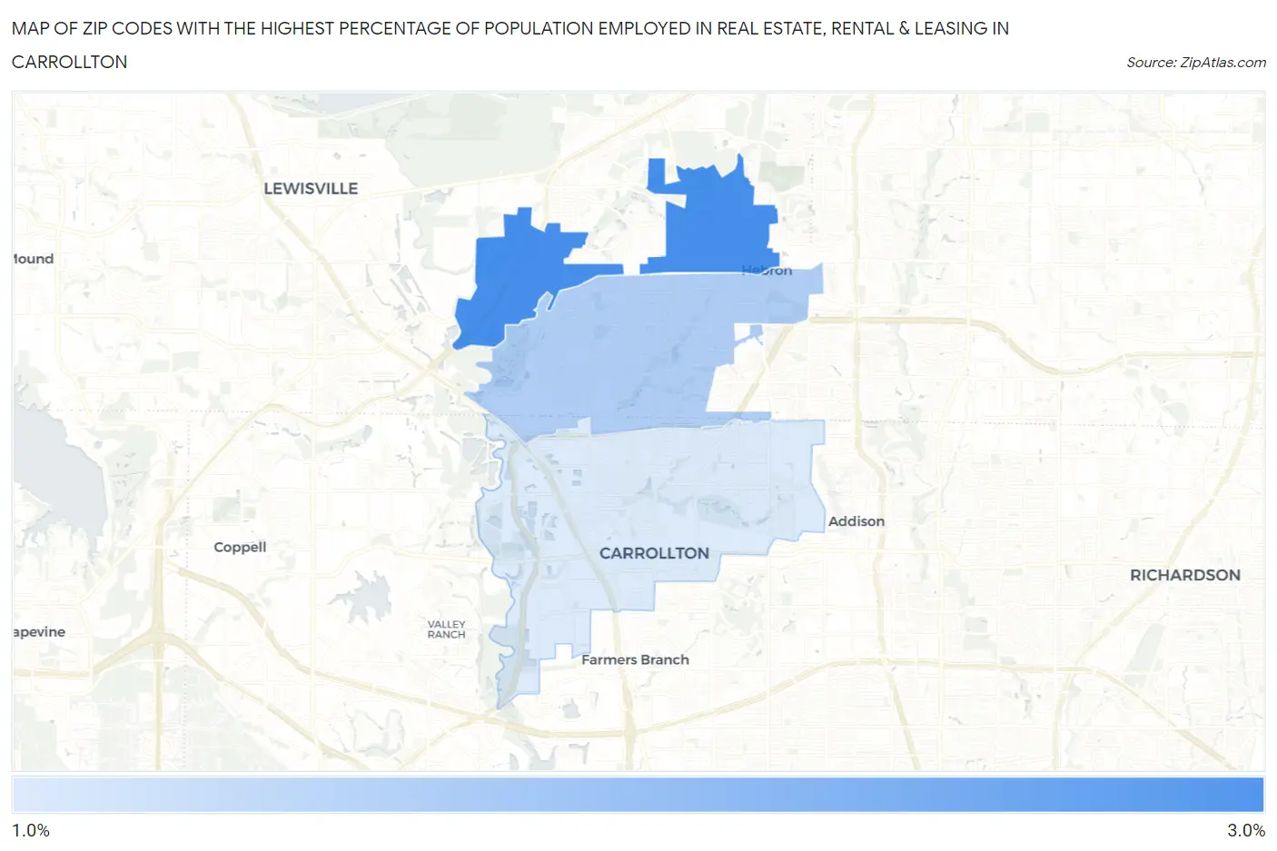 Zip Codes with the Highest Percentage of Population Employed in Real Estate, Rental & Leasing in Carrollton Map