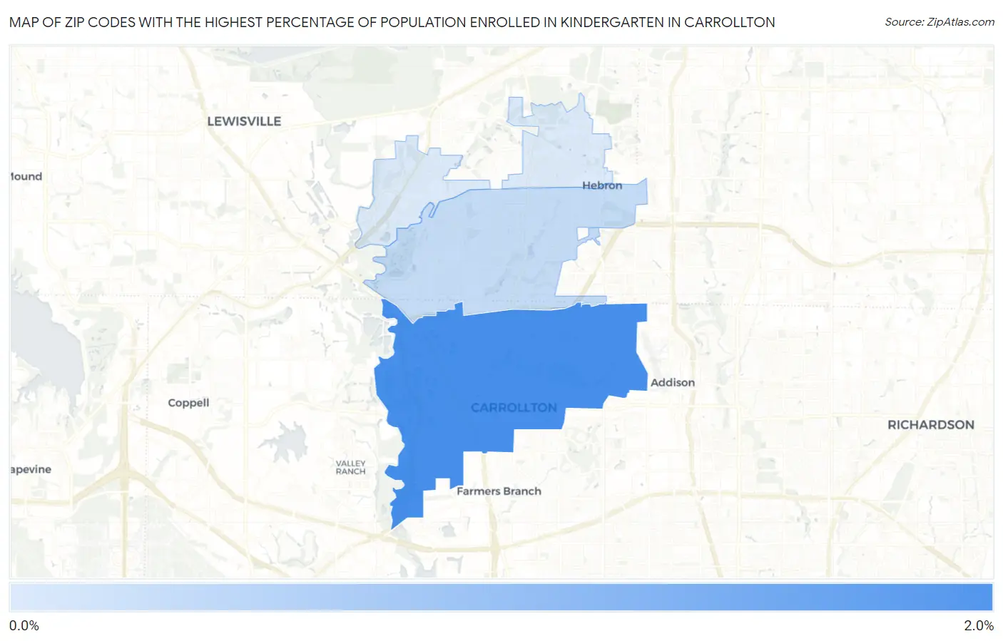 Zip Codes with the Highest Percentage of Population Enrolled in Kindergarten in Carrollton Map