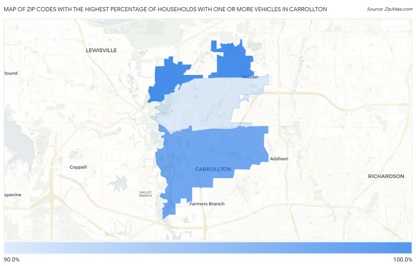 Zip Codes with the Highest Percentage of Households With One or more Vehicles in Carrollton Map