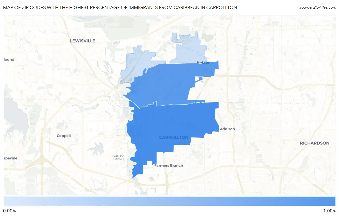 Zip Codes with the Highest Percentage of Immigrants from Caribbean in Carrollton Map