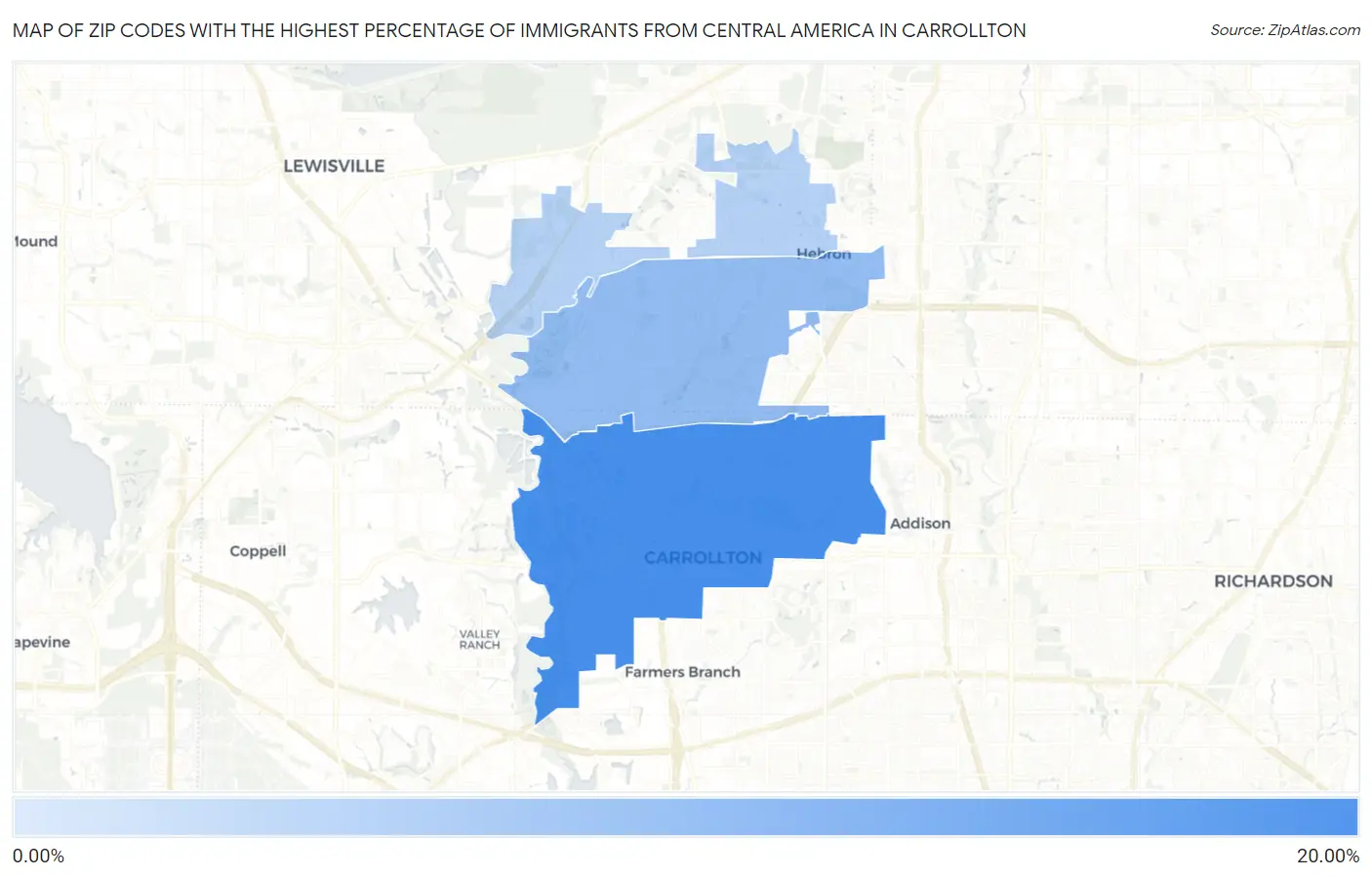 Zip Codes with the Highest Percentage of Immigrants from Central America in Carrollton Map