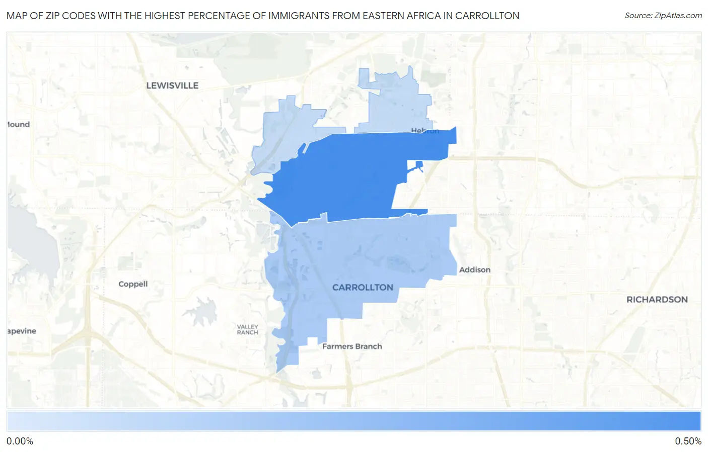 Zip Codes with the Highest Percentage of Immigrants from Eastern Africa in Carrollton Map