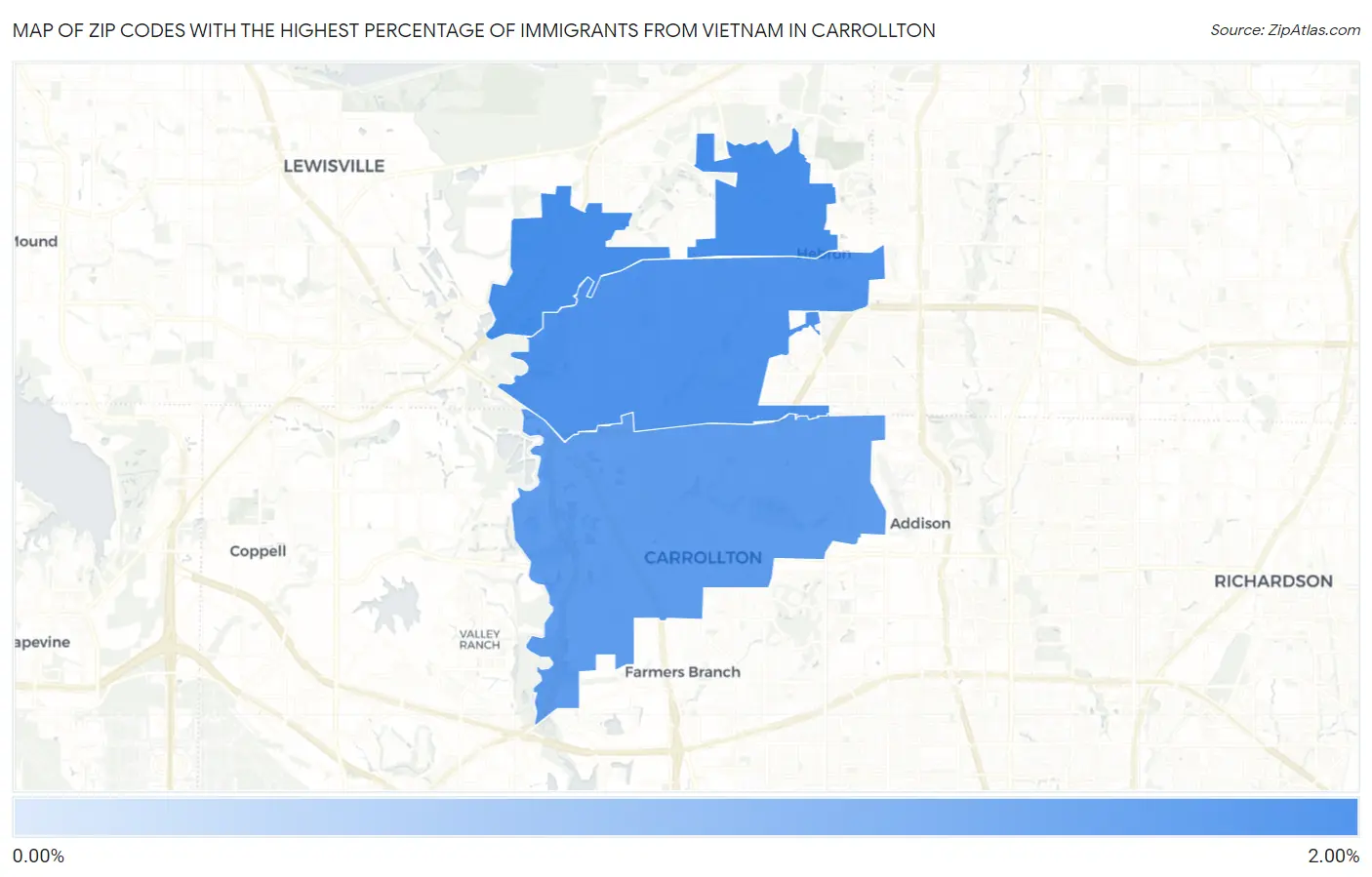 Zip Codes with the Highest Percentage of Immigrants from Vietnam in Carrollton Map
