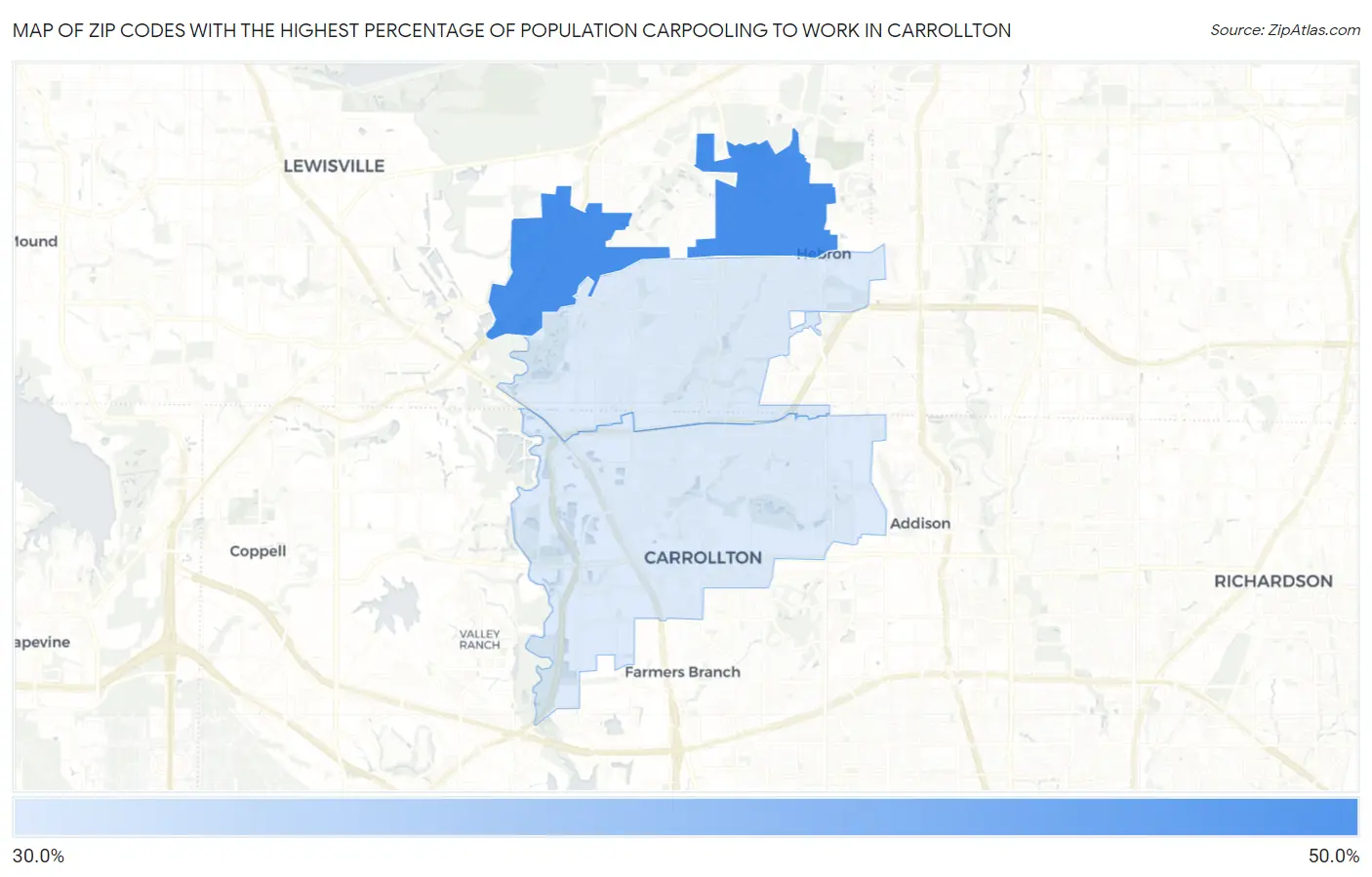 Zip Codes with the Highest Percentage of Population Carpooling to Work in Carrollton Map