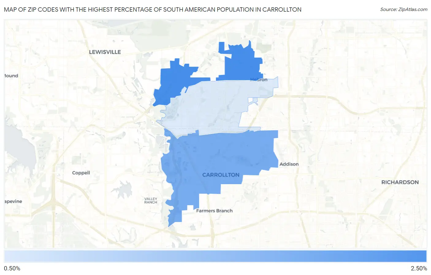 Zip Codes with the Highest Percentage of South American Population in Carrollton Map