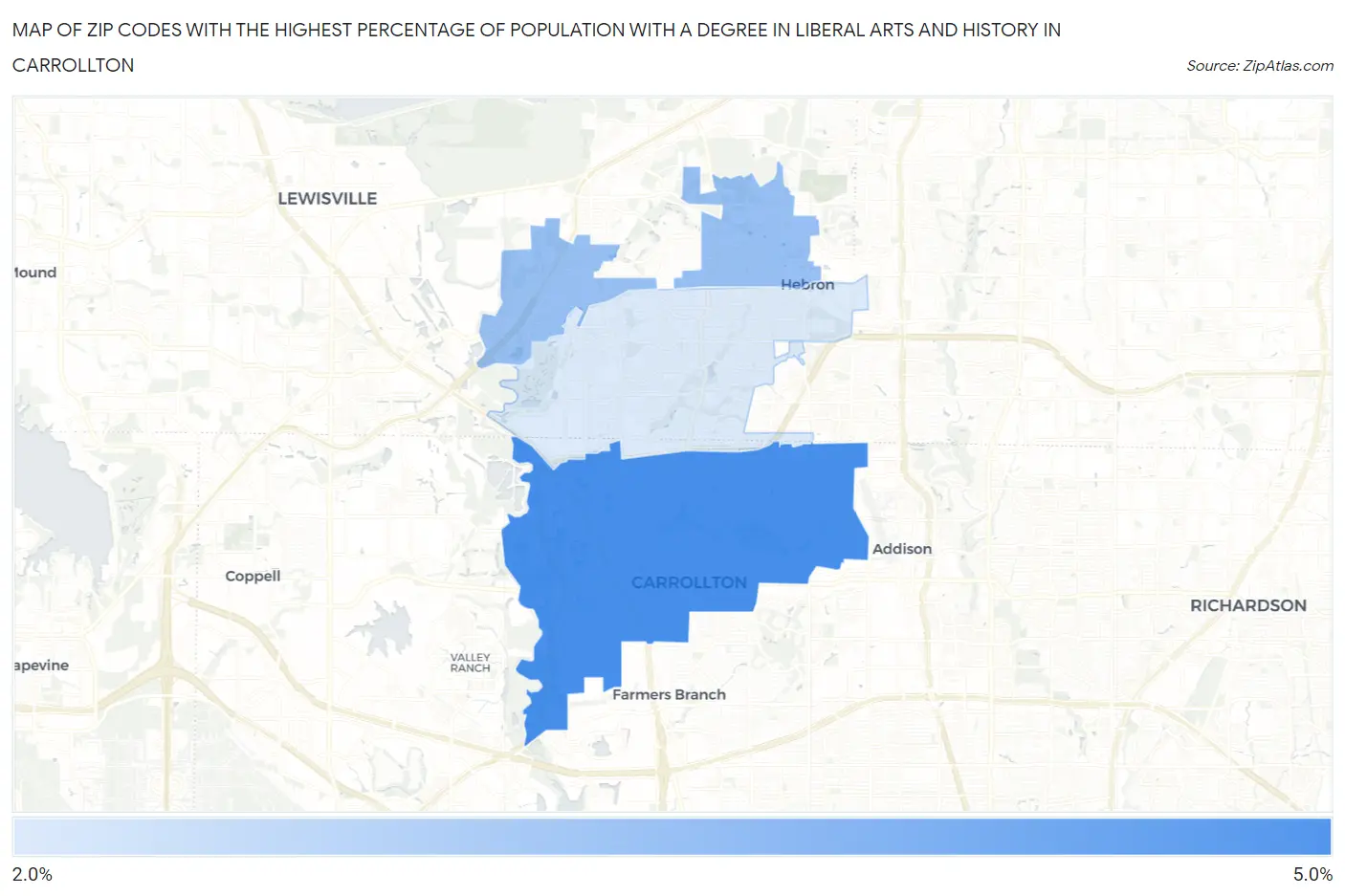 Zip Codes with the Highest Percentage of Population with a Degree in Liberal Arts and History in Carrollton Map