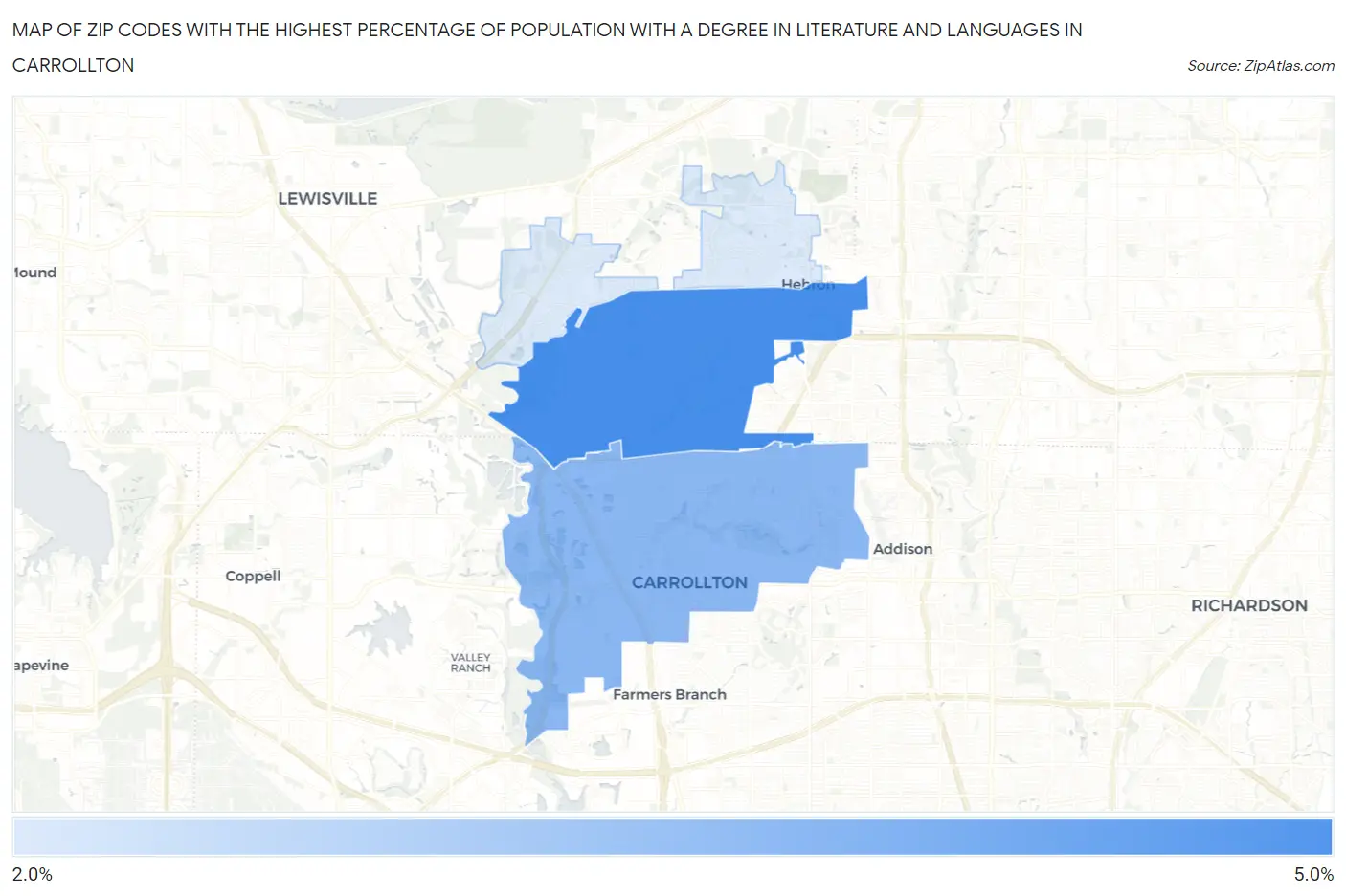 Zip Codes with the Highest Percentage of Population with a Degree in Literature and Languages in Carrollton Map